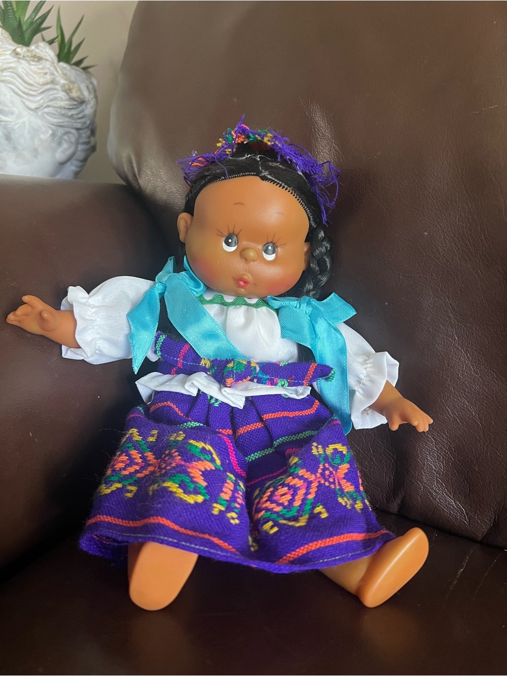Vintage Big Eye Folk Art Doll inTraditional Style Purple Floral Dress